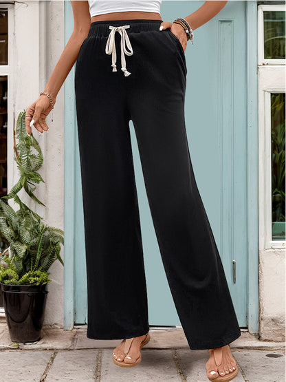 Drawstring High Waist Straight Pants Black