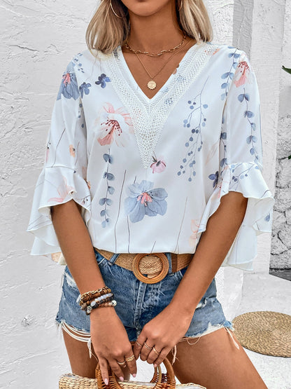 Honey Ruffled Printed V-Neck Half Sleeve Blouse White