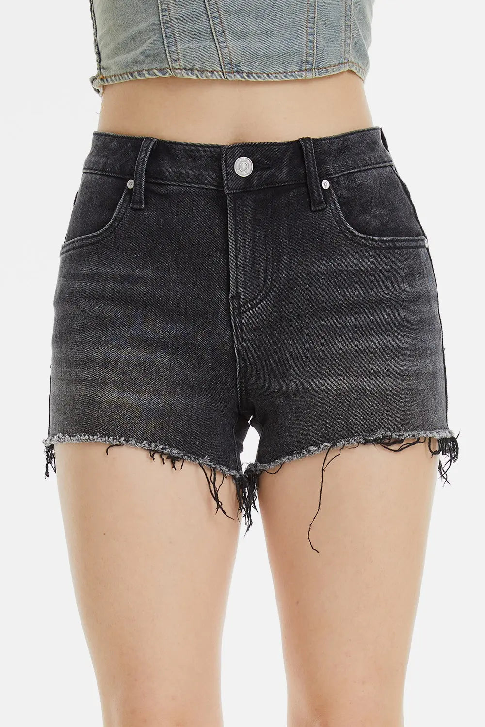 BAYEAS Raw Hem Denim Shorts Black