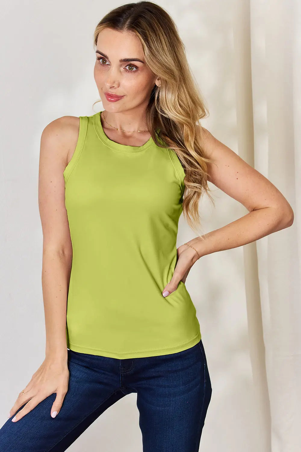 Basic Bae Full Size Round Neck Slim Tank Yellow-Green