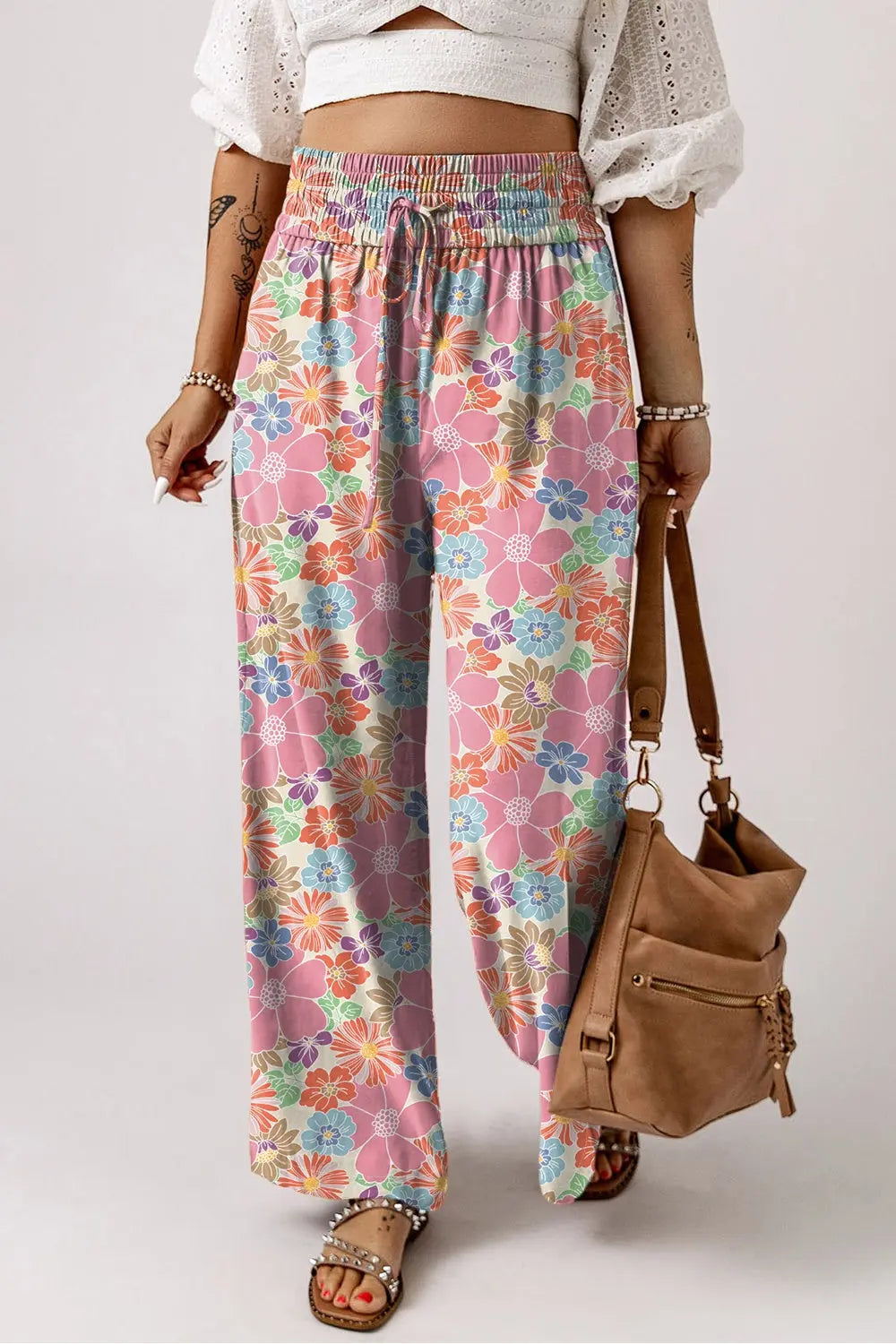 Drawstring Printed Wide Leg Pants Floral