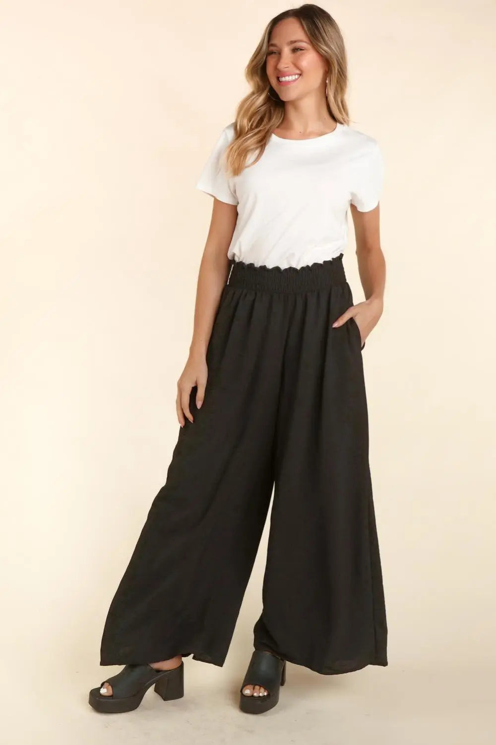 Haptics Elastic Waist Wide Leg Pants with Pockets Black