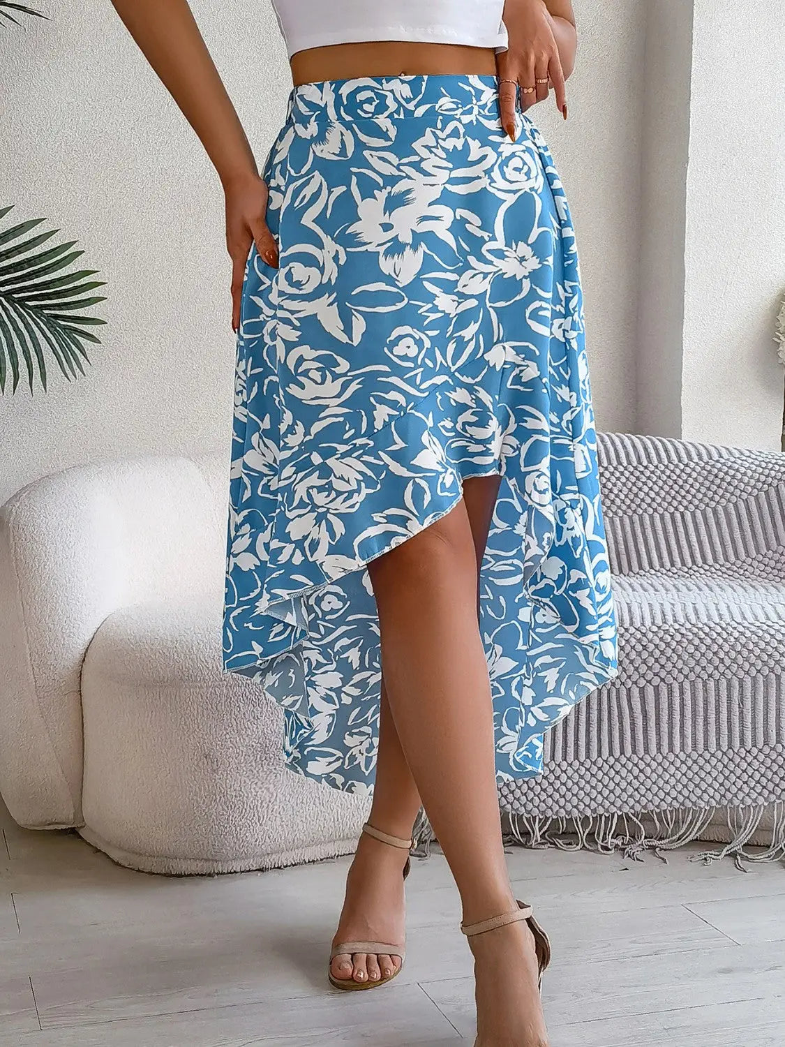 High-Low Printed High Waist Skirt Pastel Blue