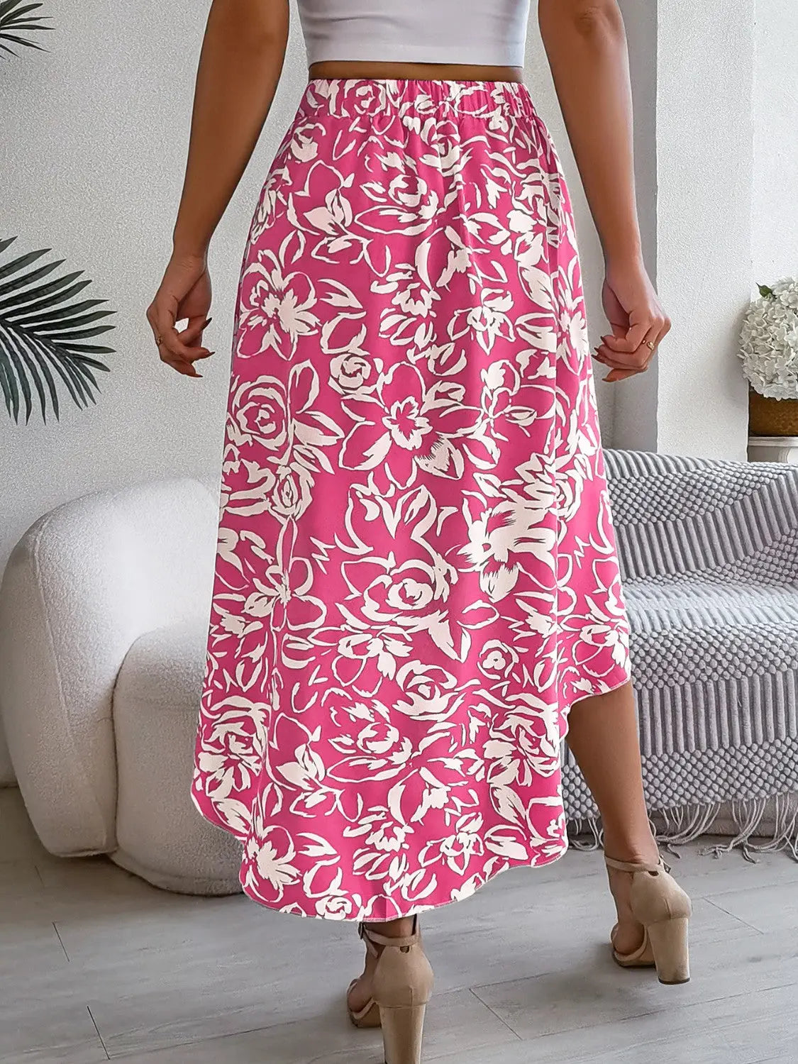 High-Low Printed High Waist Skirt Fuchsia Pink