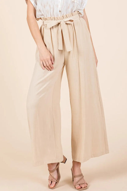 Mittoshop High Waist Tie Front Wide Leg Pants Natural