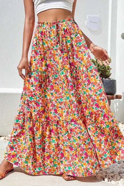 Printed Elastic Waist Maxi Skirt Floral