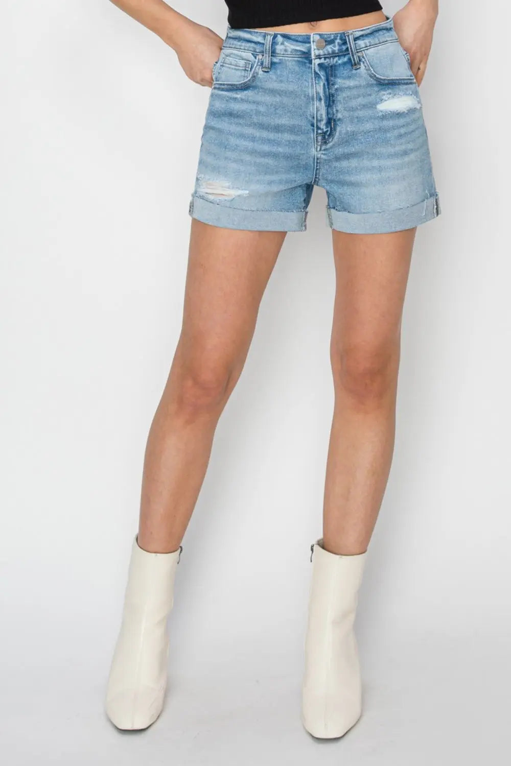 RISEN Distressed Mid-Rise Waist Denim Shorts Light