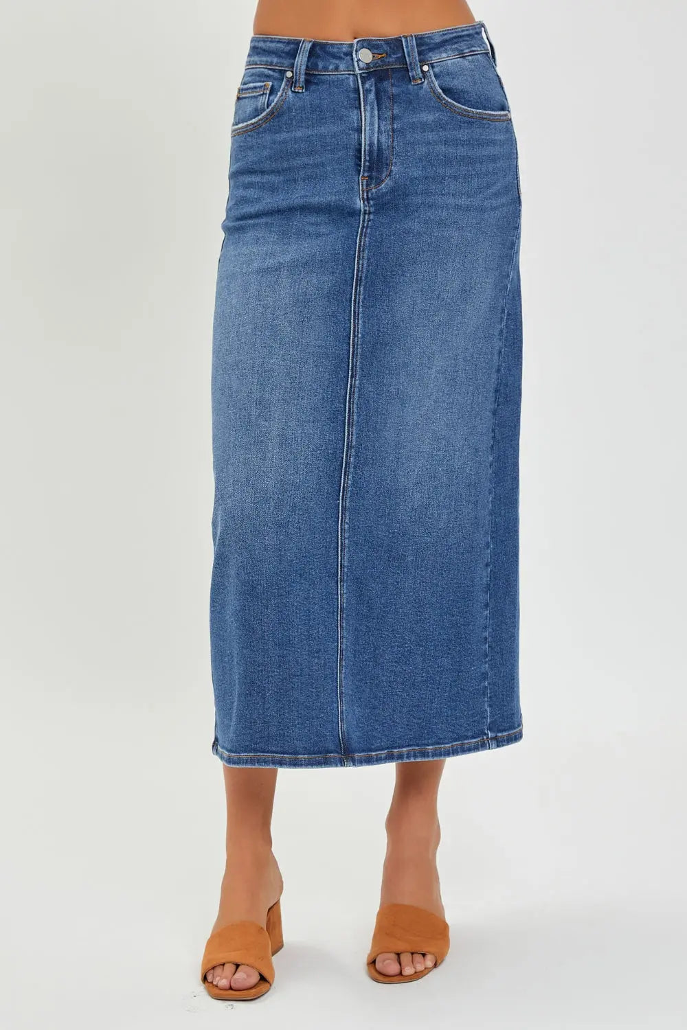 RISEN High Rise Back Slit Denim Skirt Dark