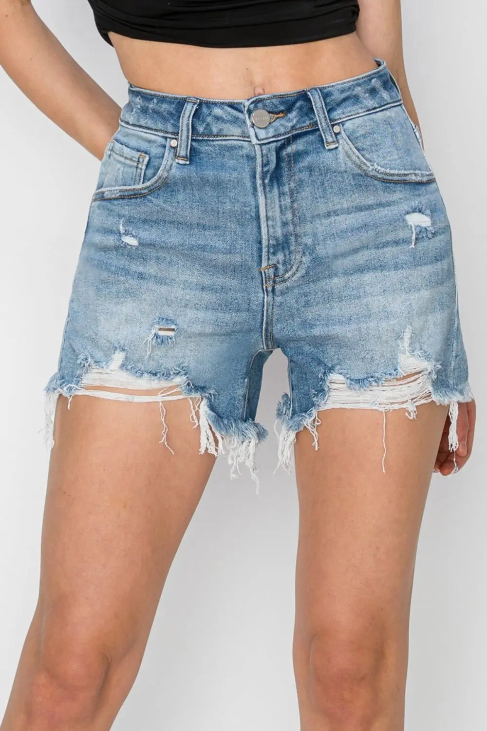 RISEN High Rise Frayed Hem Denim Shorts Medium