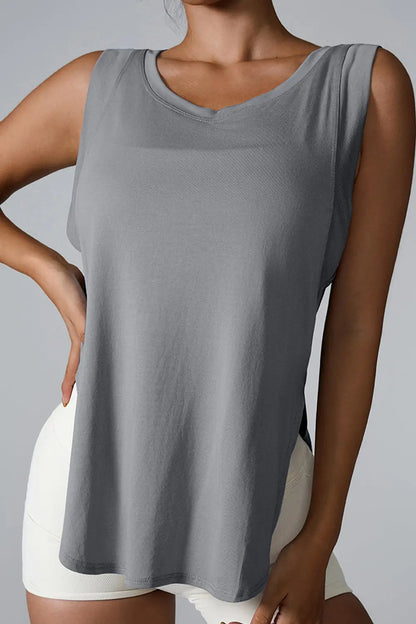 Slit Round Neck Active Tank Charcoal