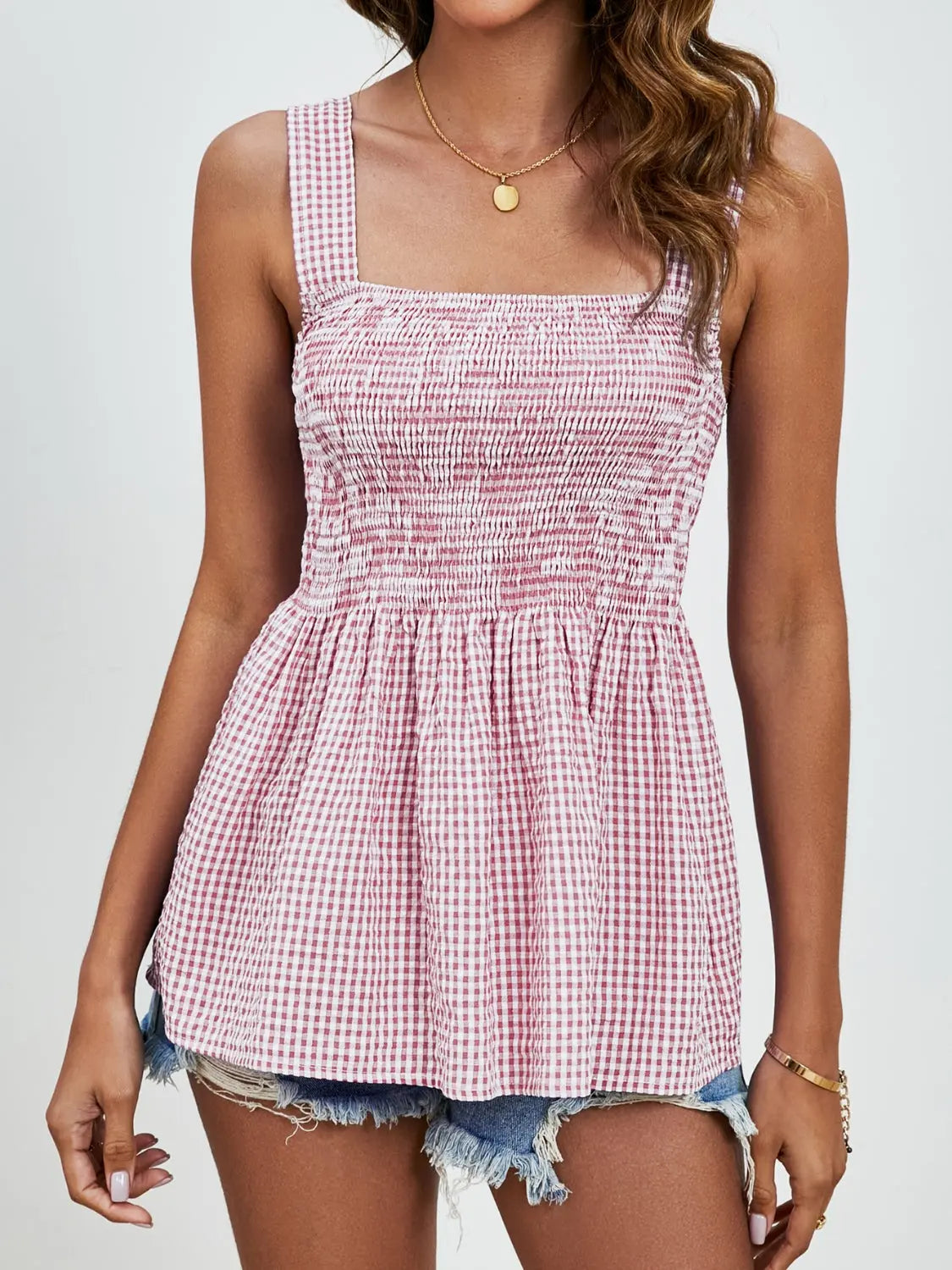 Smocked Plaid Square Neck Tank Deep Red