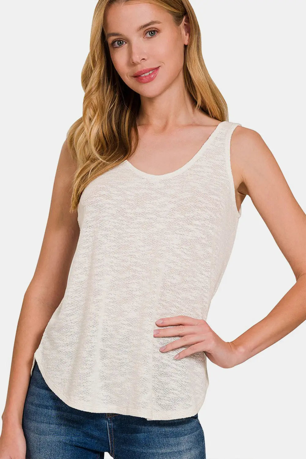 Zenana Curved Hem Round Neck Tank Ivory