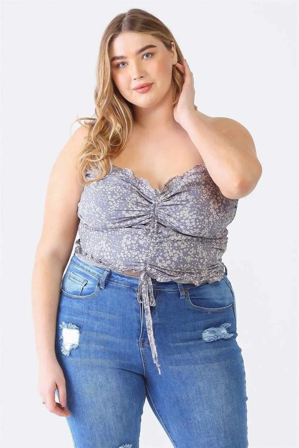 Zenobia Plus Size Drawstring Smocked Floral Tube Top Denim Blue