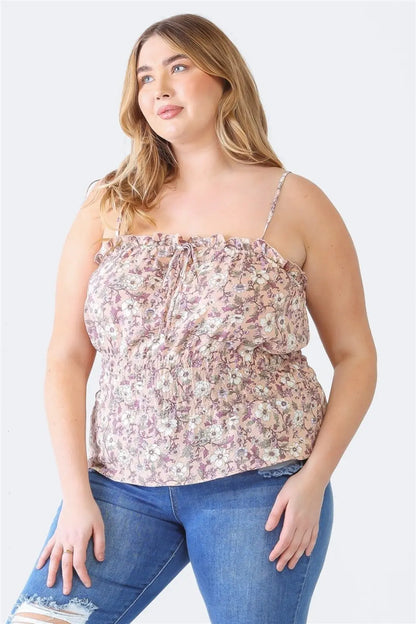 Zenobia Plus Size Frill Floral Square Neck Cami Mauve