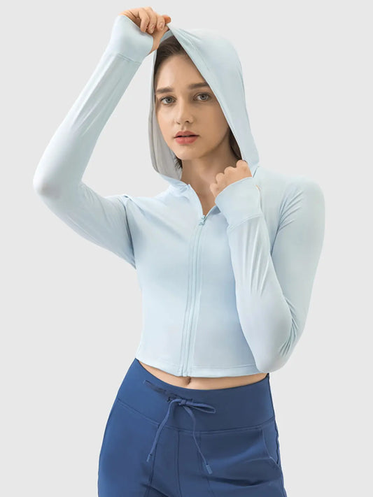 Zip Up Hooded Long Sleeve Active Outerwear Light Blue