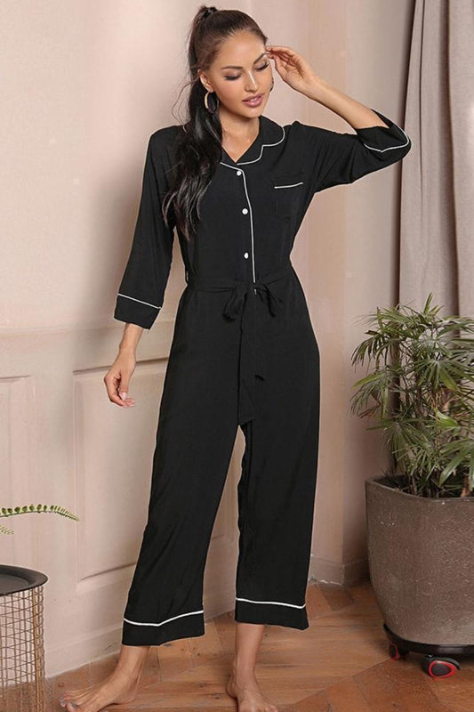 Contrast Belted Lapel Collar Jumpsuit Black