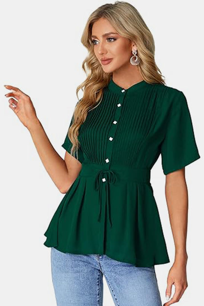 Tied Round Neck Short Sleeve Blouse Dark Green