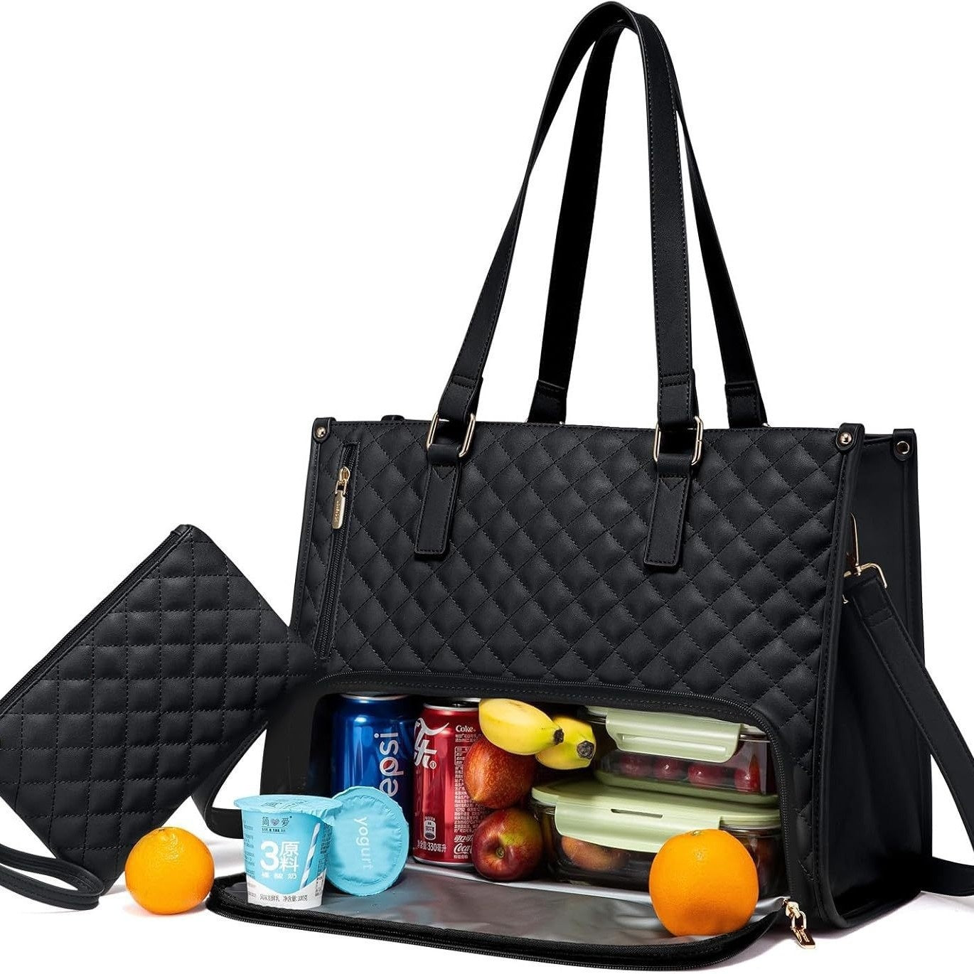 Women's Fashionable Quilted Lunch Tote Bag – Insulated, Leak-Proof, Large Capacity Handbag with Crossbody Strap & Purse