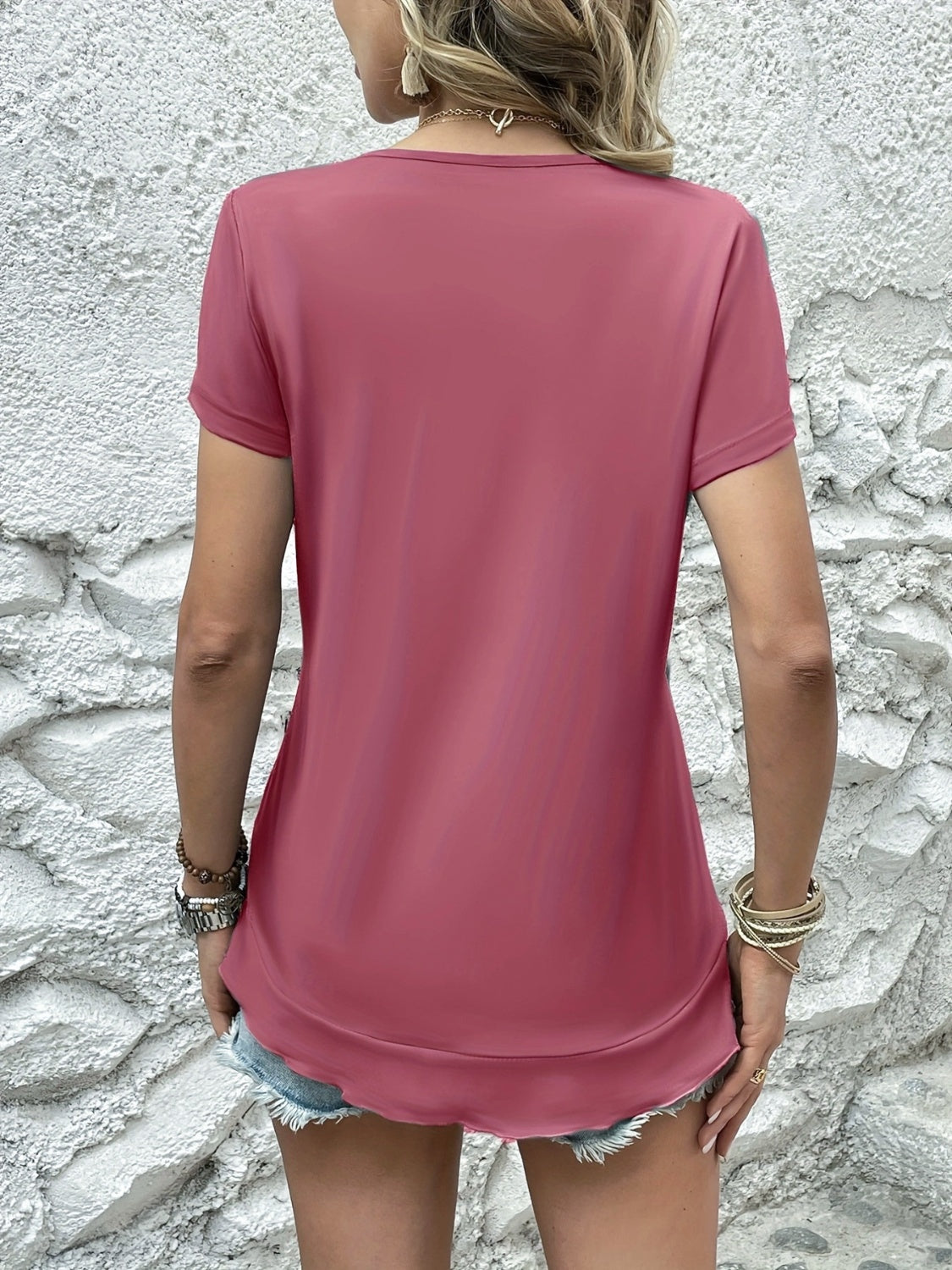 Ruffled Round Neck Short Sleeve Top Hot Pink