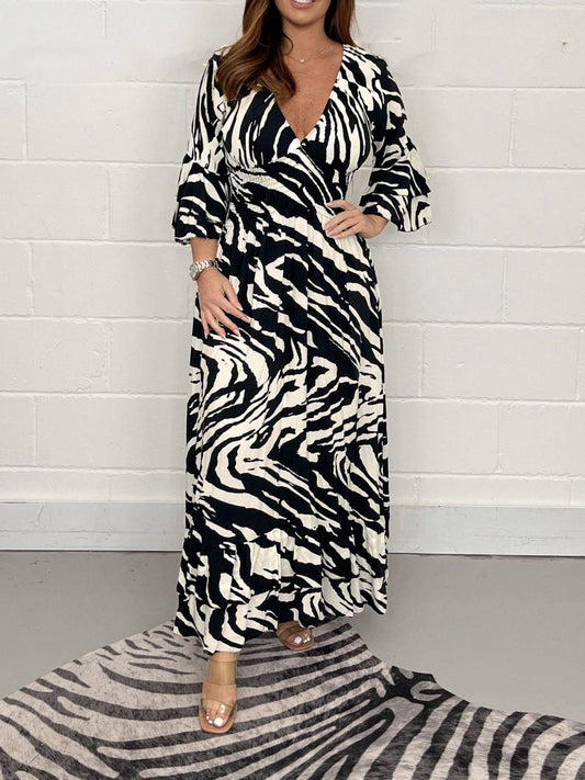 Smocked Printed Flounce Sleeve Maxi Dress Black