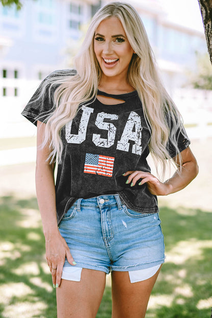 USA Cutout Round Neck Short Sleeve T-Shirt Black