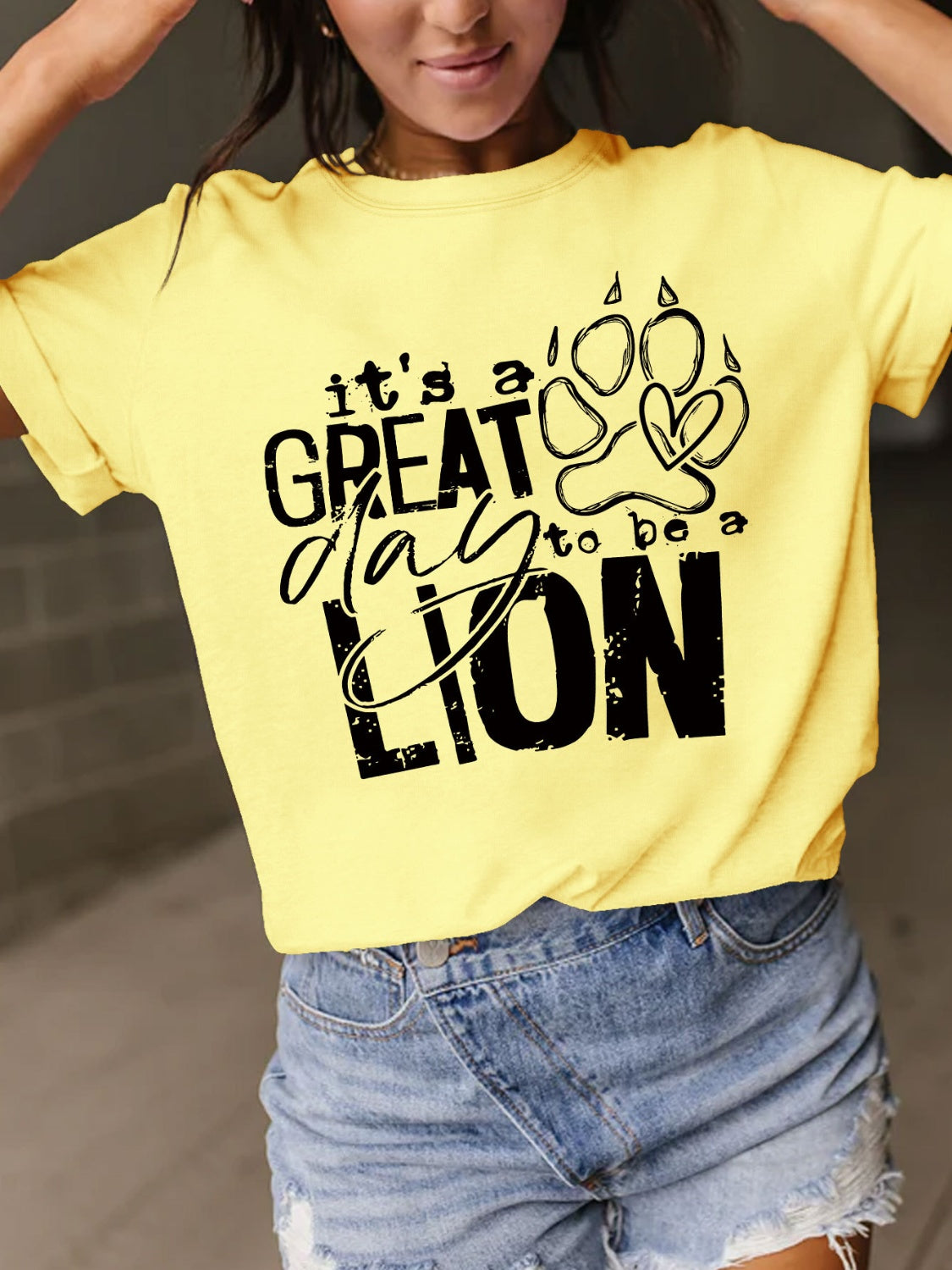 Full Size Letter Graphic Round Neck Short Sleeve T-Shirt Light Yellow