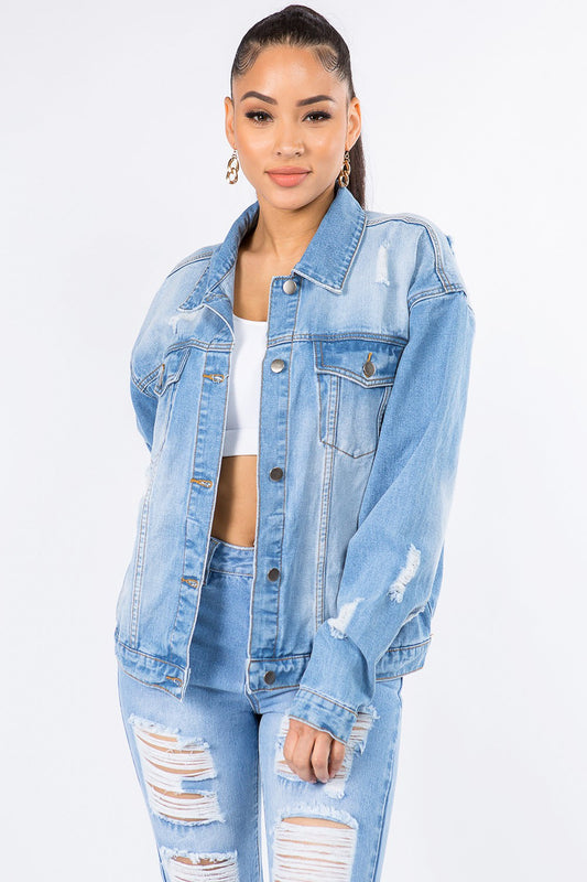 American Bazi Graphic Distressed Long Sleeve Denim Jacket Blue