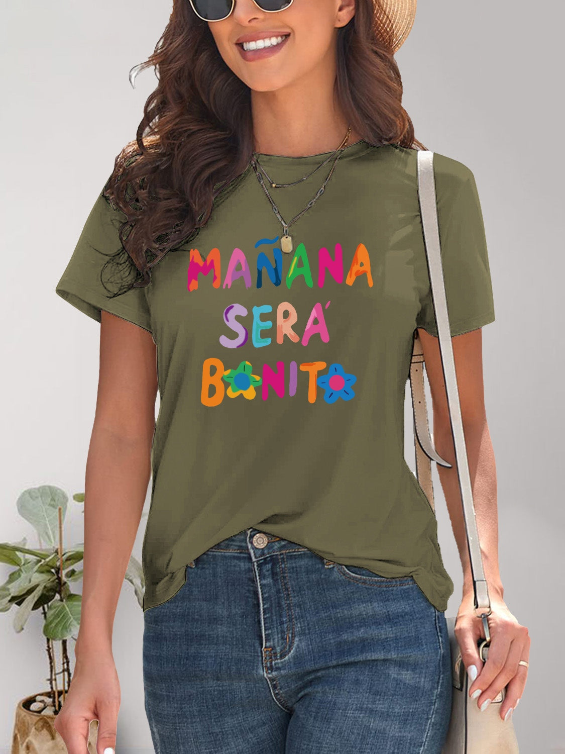 Letter Graphic Round Neck Short Sleeve T-Shirt Matcha Green