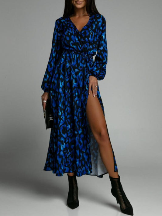 Slit Printed Surplice Long Sleeve Dress Navy