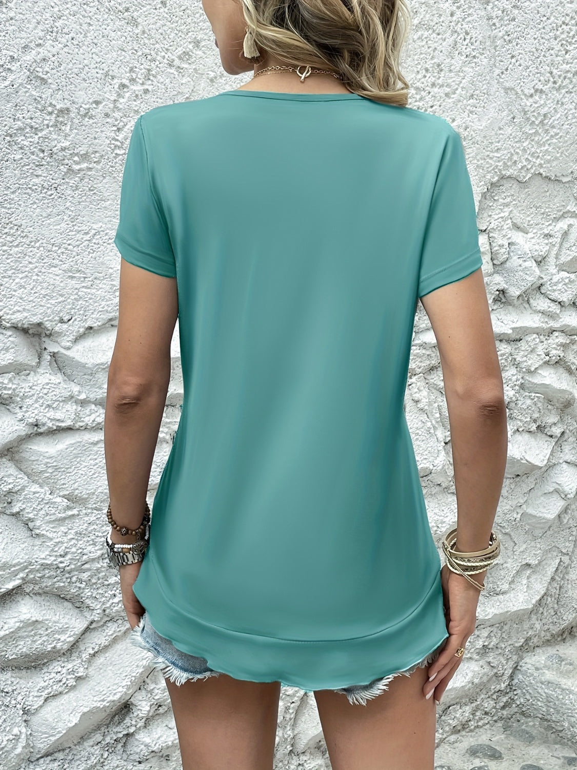 Ruffled Round Neck Short Sleeve Top Turquoise