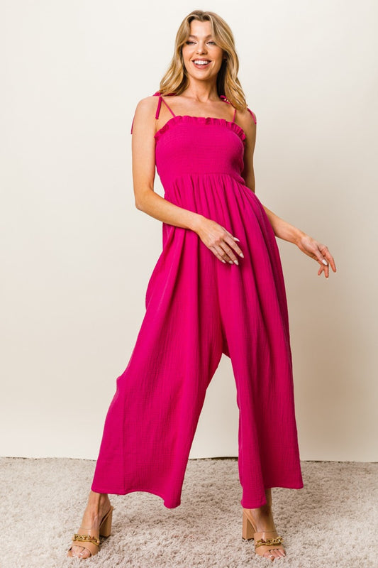 BiBi Texture Smocked Sleeveless Jumpsuit FUCHSIA