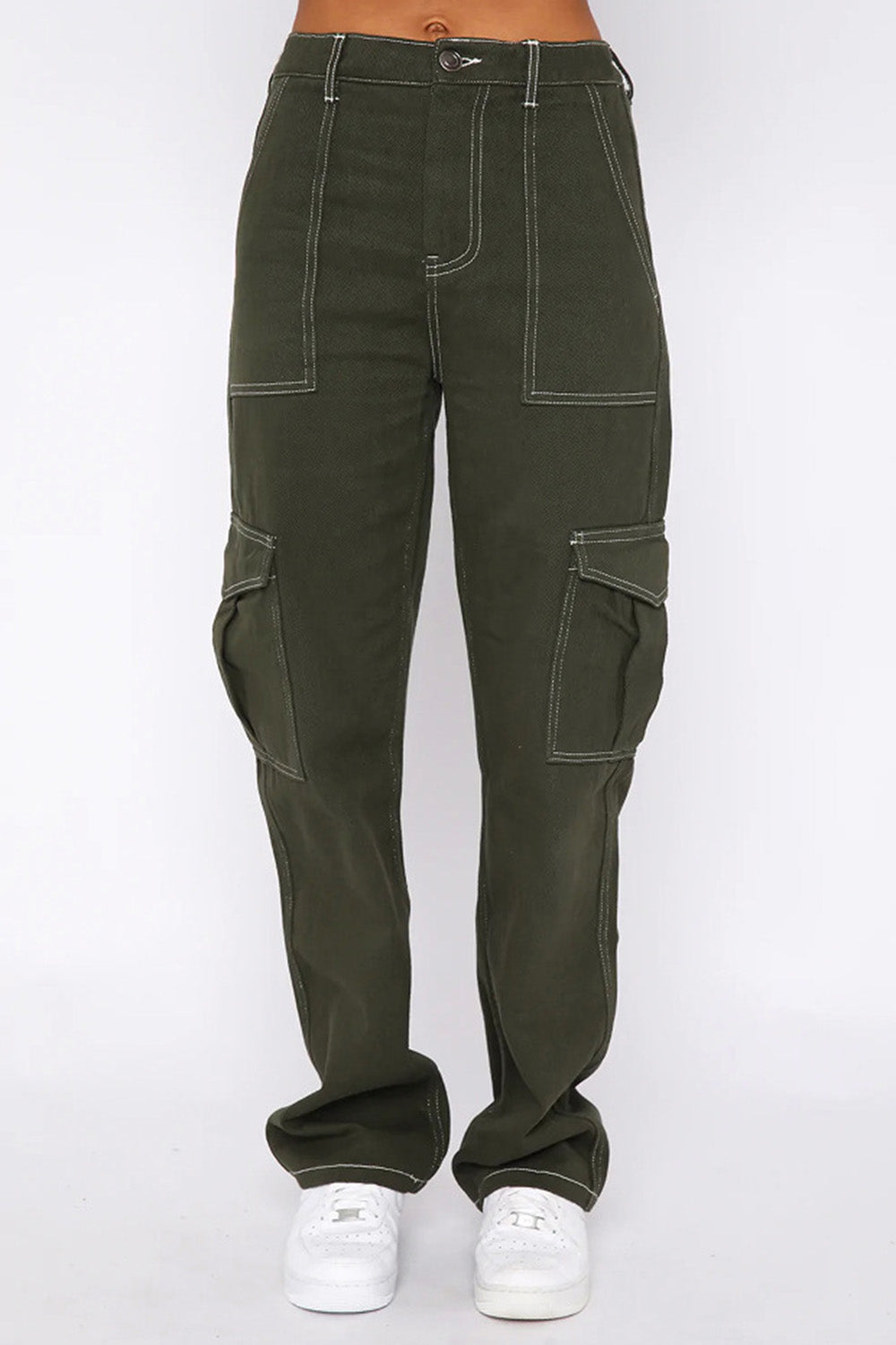 Contrast Stitching High Waist Cargo Jeans Army Green