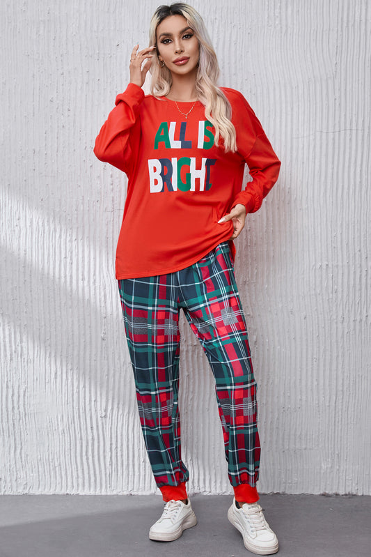 ALL IS BRIGHT Round Neck Top and Plaid Pants Lounge Set Red