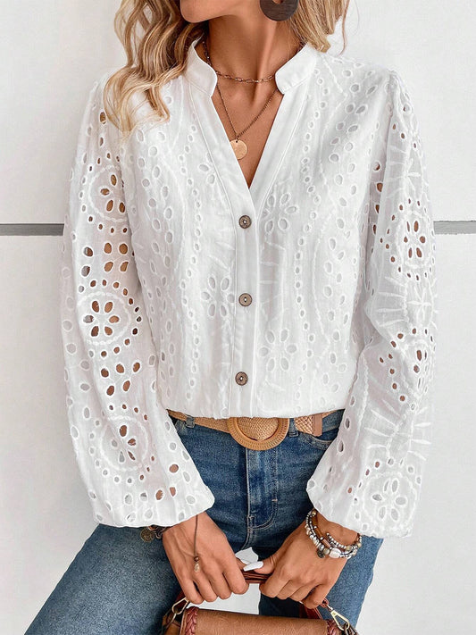 Cutout Notched Long Sleeve Blouse White