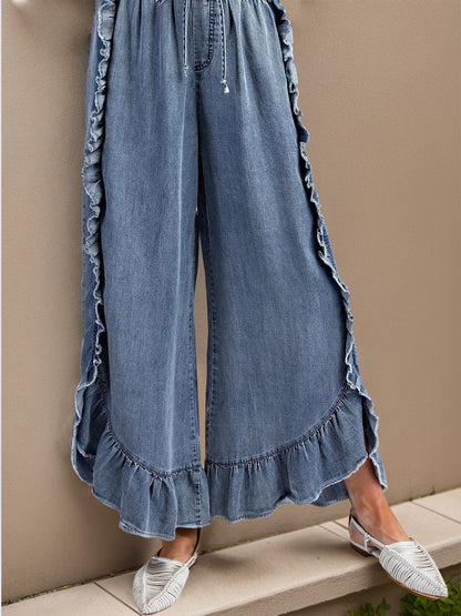 Drawstring Ruffled Wide Leg Jeans