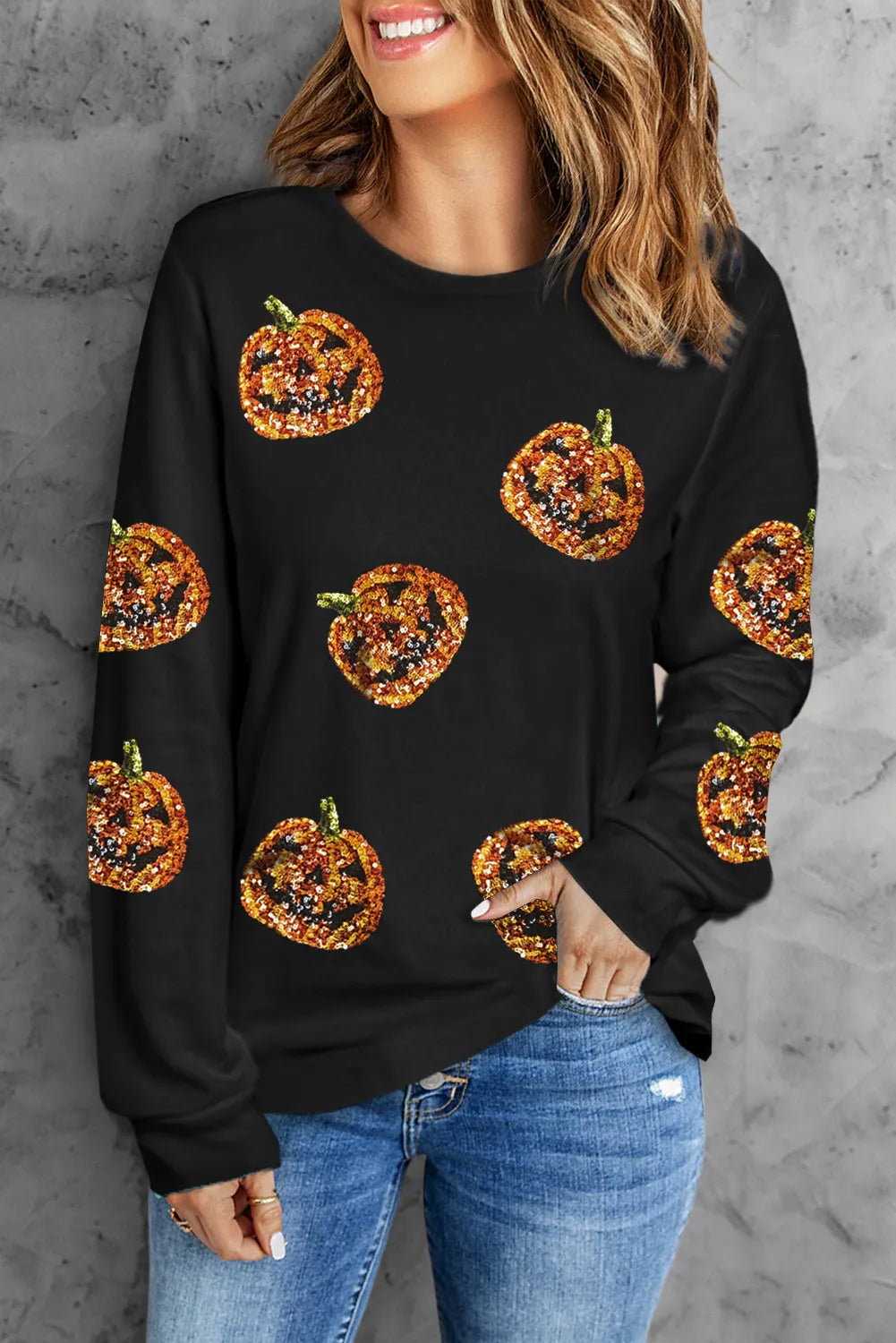 Sequin Pumpkin Round Neck Long Sleeve Top Black