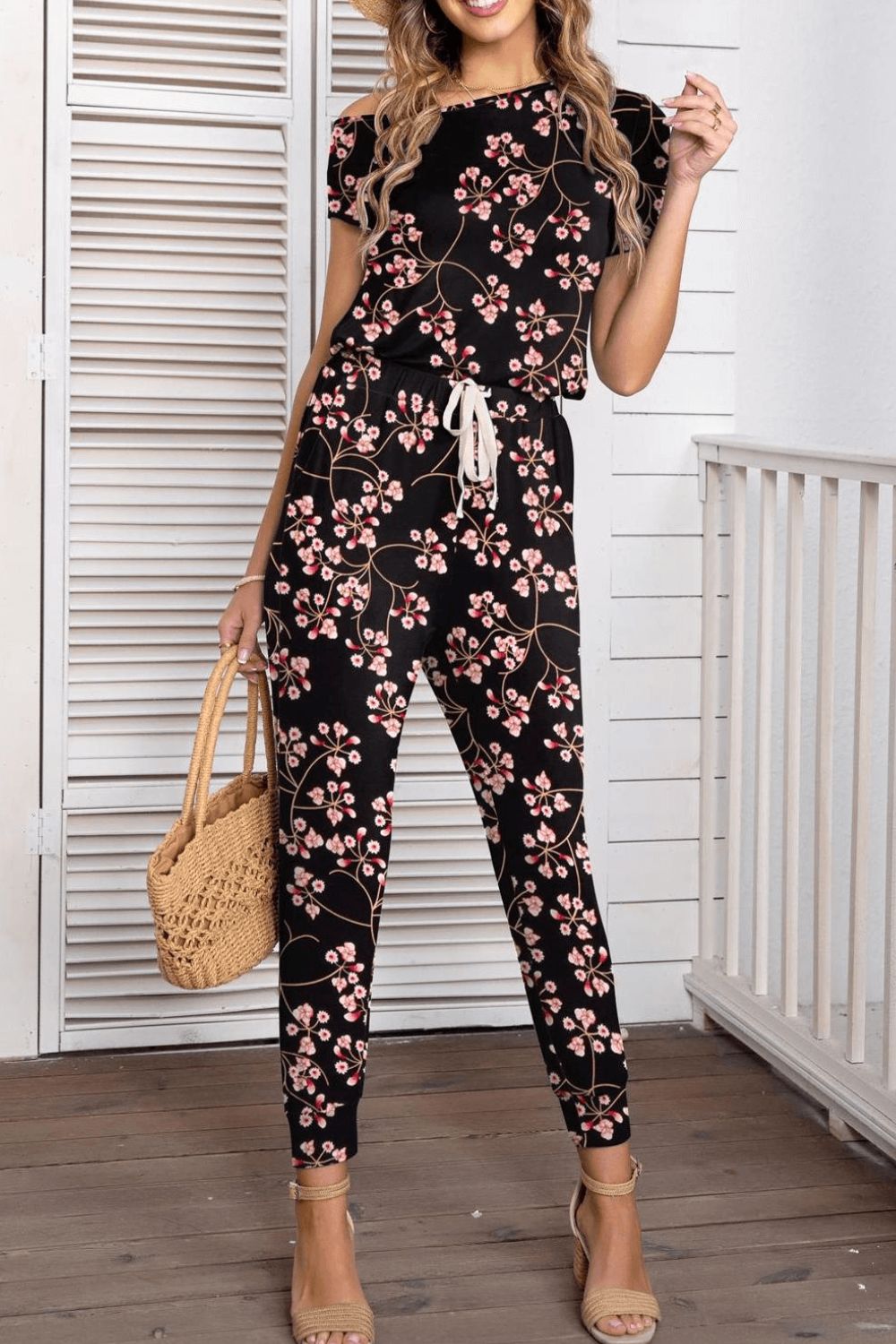 Asymmetrical Neck Short Sleeve Jumpsuit Black