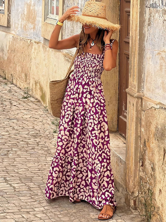 Smocked Printed Square Neck Sleeveless Dress Burgundy