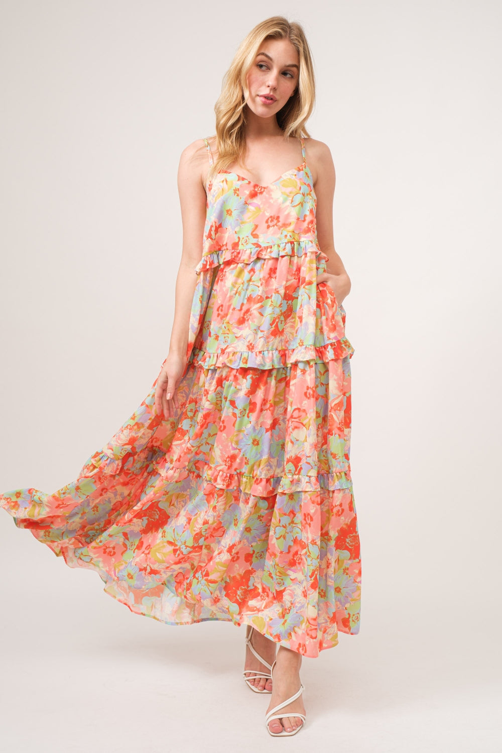 And The Why Floral Ruffled Tiered Maxi Adjustable Strap Cami Dress Floral