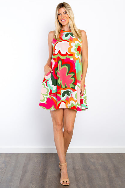 Be Stage Full Size Floral Sleeveless Mini Dress with Pockets Coral