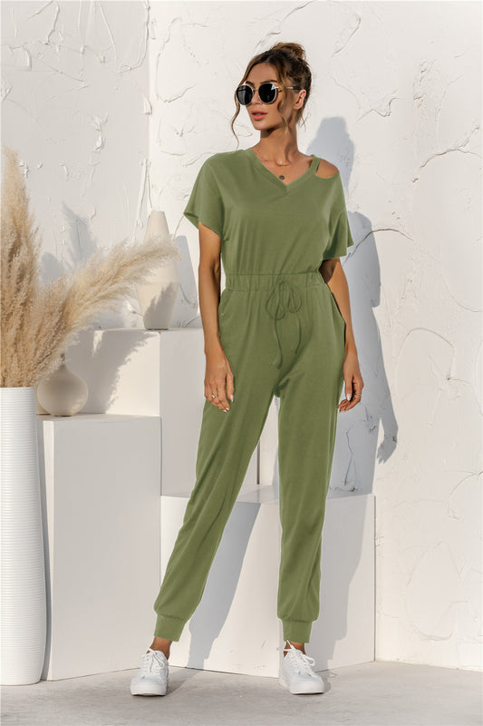 Cut Out V-neck Drawstring Jumpsuit Green