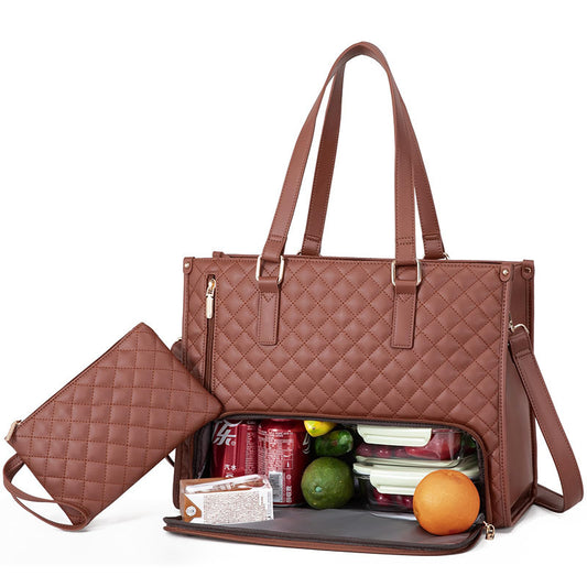 Women's Fashionable Quilted Lunch Tote Bag – Insulated, Leak-Proof, Large Capacity Handbag with Crossbody Strap & Purse
