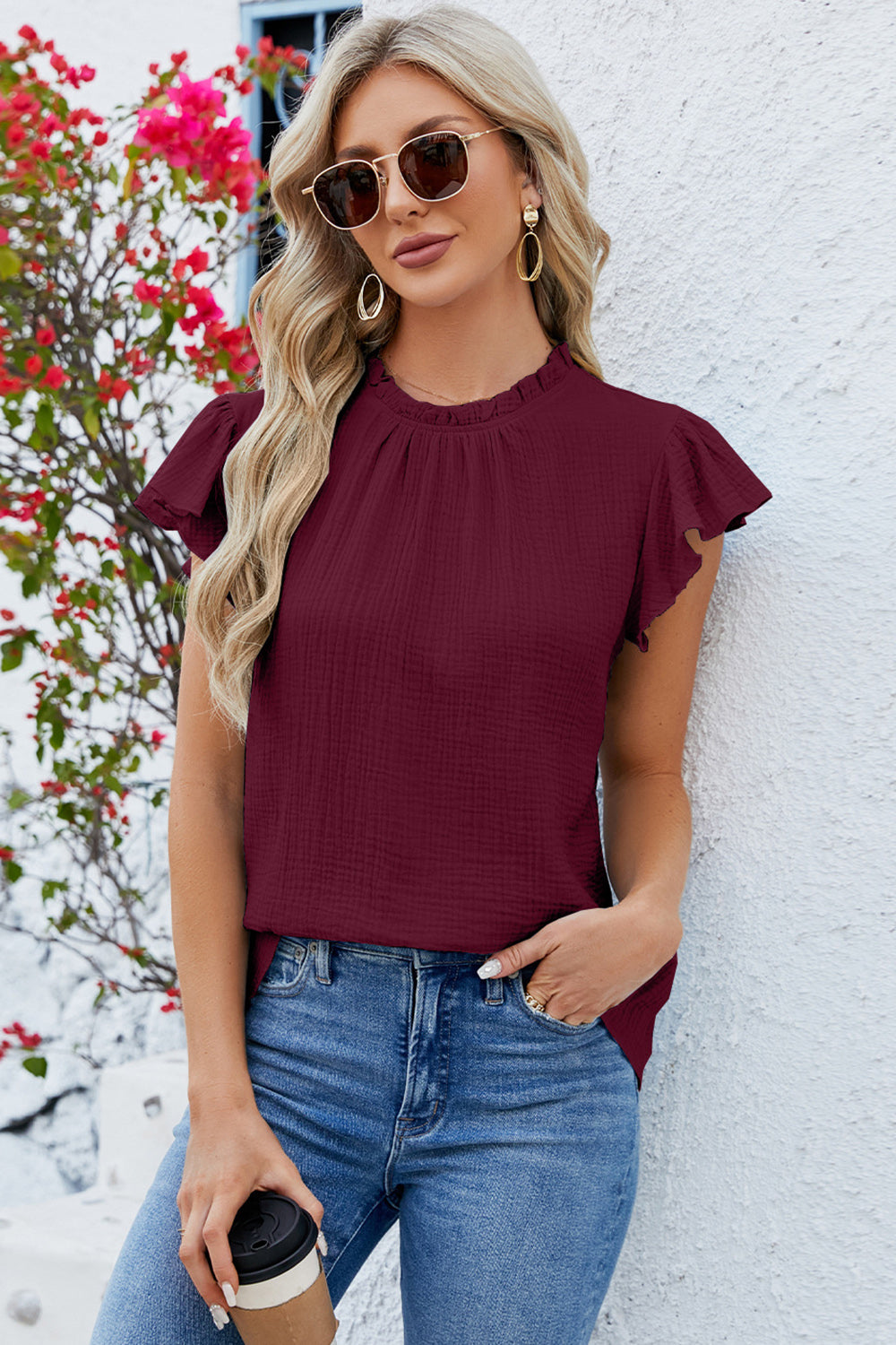 Ruffled Round Neck Cap Sleeve Blouse Wine