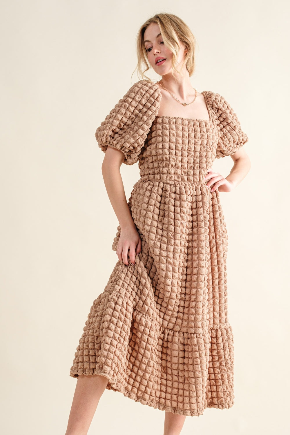 And The Why Full Size Square Neck Puff Sleeve Dress Latte