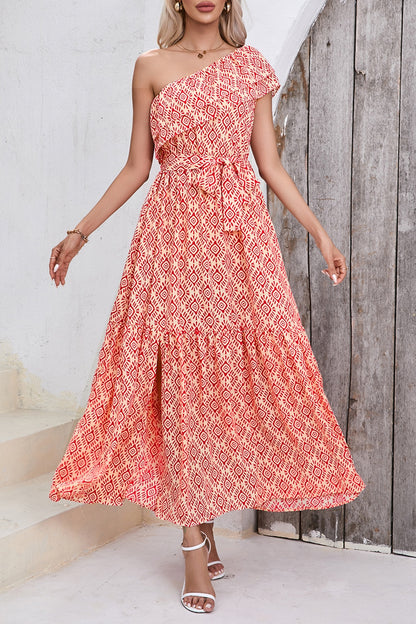 Slit Printed Single Shoulder Tie Waist Dress Coral