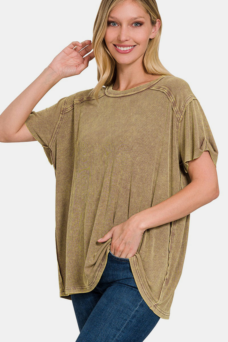 Zenana Washed Ribbed Short Sleeve Top Mocha