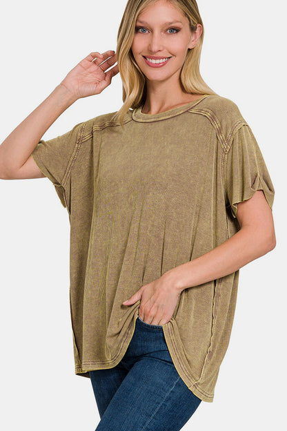 Zenana Washed Ribbed Short Sleeve Top Mocha