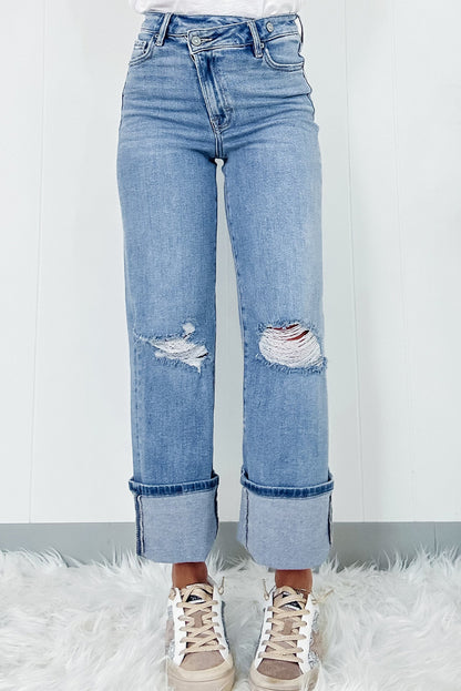 Distressed Straight Jeans with Pockets