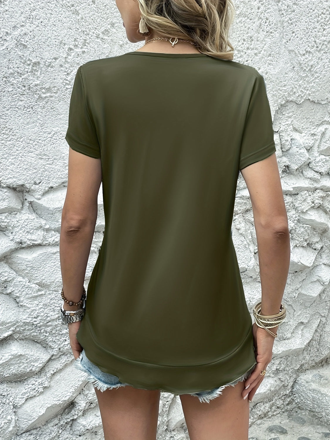 Ruffled Round Neck Short Sleeve Top Army Green