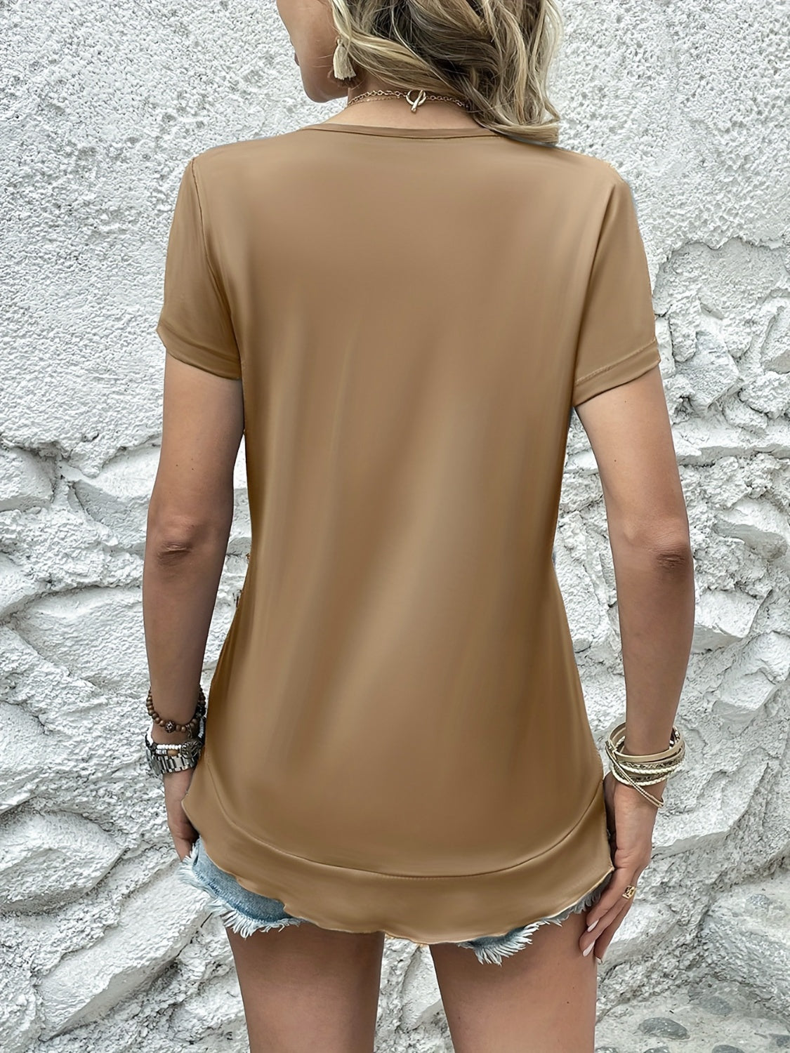 Ruffled Round Neck Short Sleeve Top Camel